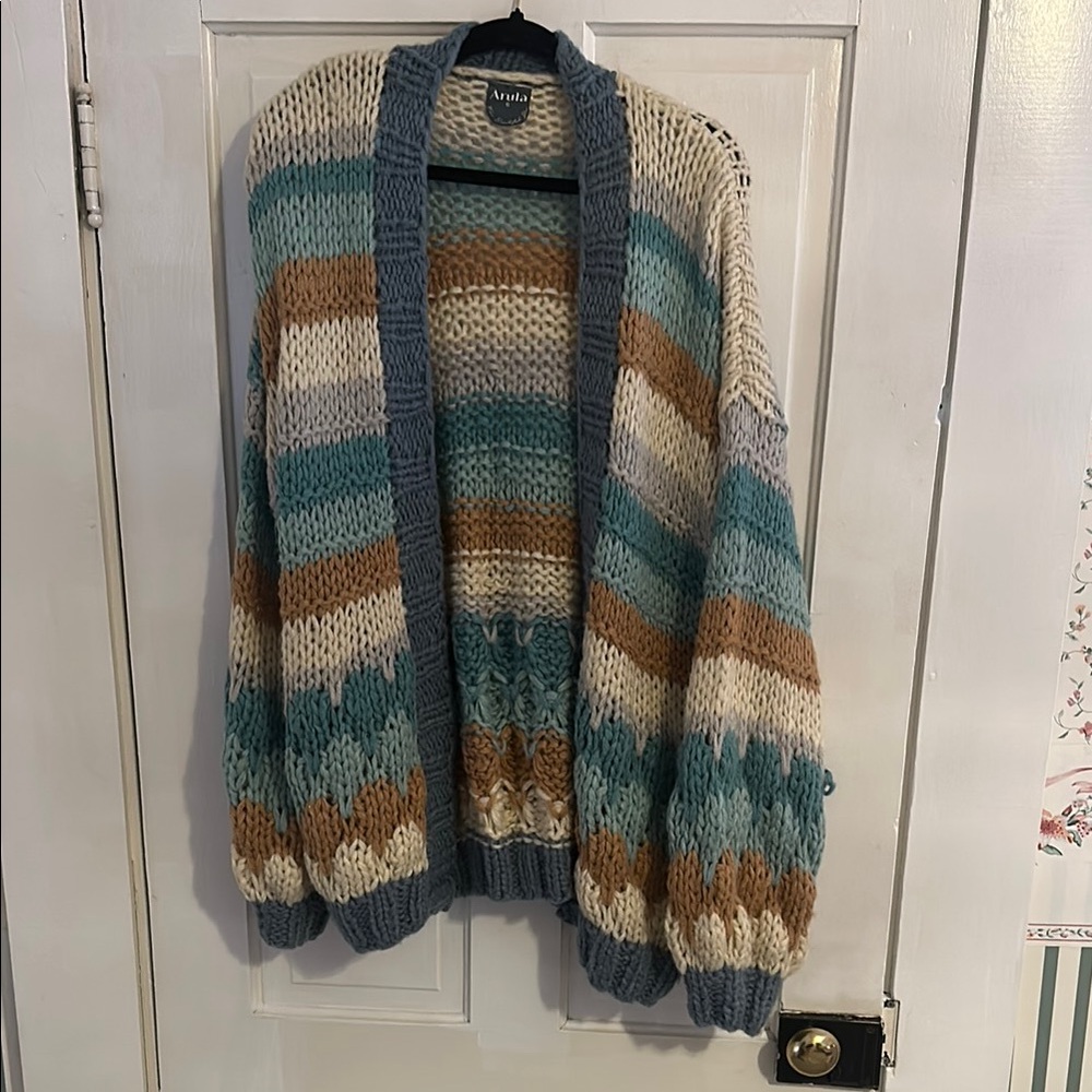 ARULA Blue and Cream Cardigan Sweater Relaxed Fit